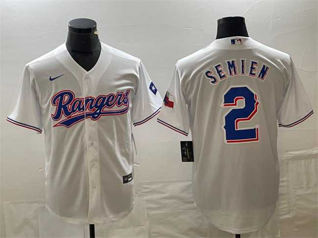 Mens Texas Rangers #2 Marcus Semien White With Patch Cool Base Stitched Baseball Jersey